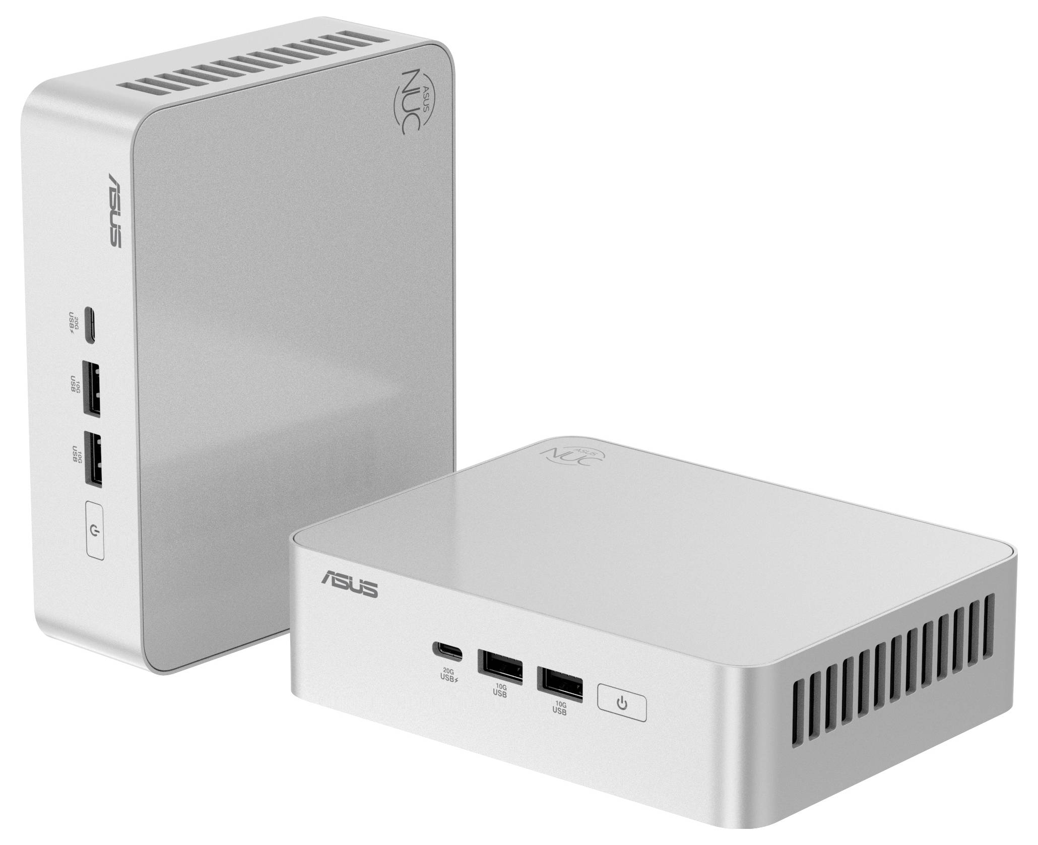 Deux ordinateurs compacts Asus NUC en argent. L'un est orienté verticalement, affichant les ports latéraux ; l'autre est positionné à plat, montrant les ports avant et le bouton d'alimentation.