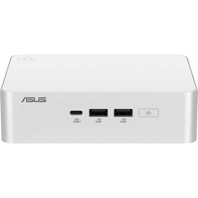 Vue de face d'un mini PC ASUS blanc avec deux ports USB-A, un port USB-C et un bouton d'alimentation sur le panneau avant.