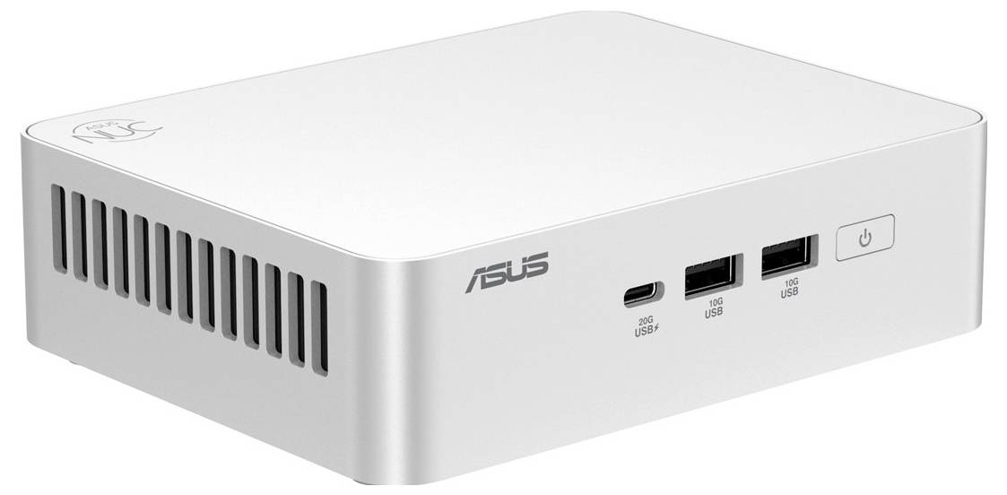 Un petit ordinateur Asus blanc avec logo, des aérations sur le côté, trois ports USB et un bouton d'alimentation à l'avant.