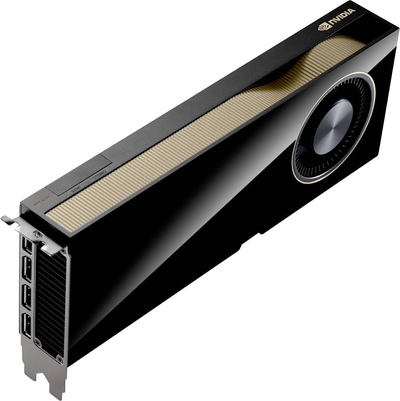 Une carte graphique NVIDIA noire rectangulaire avec un ventilateur et plusieurs ports sur un côté.