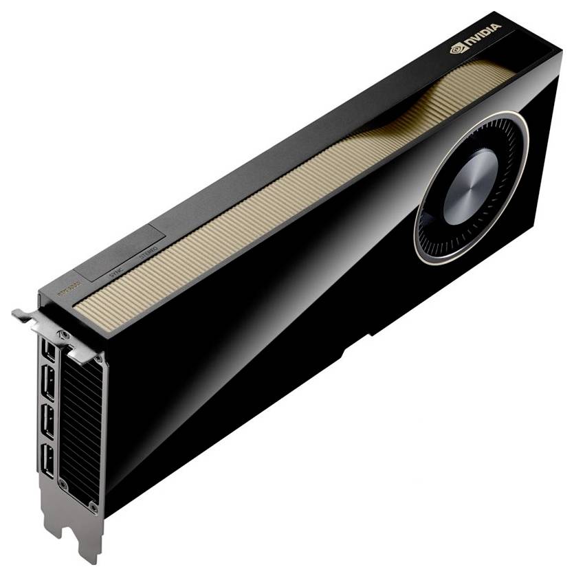 Une carte graphique NVIDIA noire, avec plusieurs ports d'affichage et un grand ventilateur de refroidissement à une extrémité.