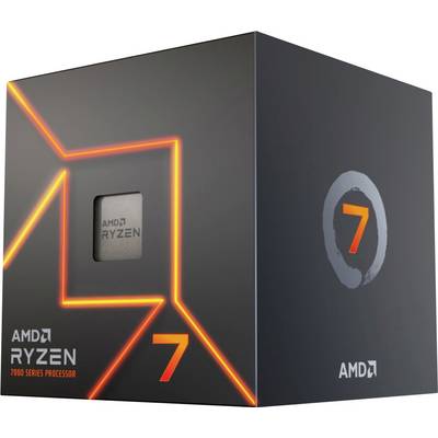 Boîte de processeur AMD Ryzen 7000 Series avec un « 7 » proéminent et des lignes de design orange audacieuses, mettant en évidence l'image de marque du produit.