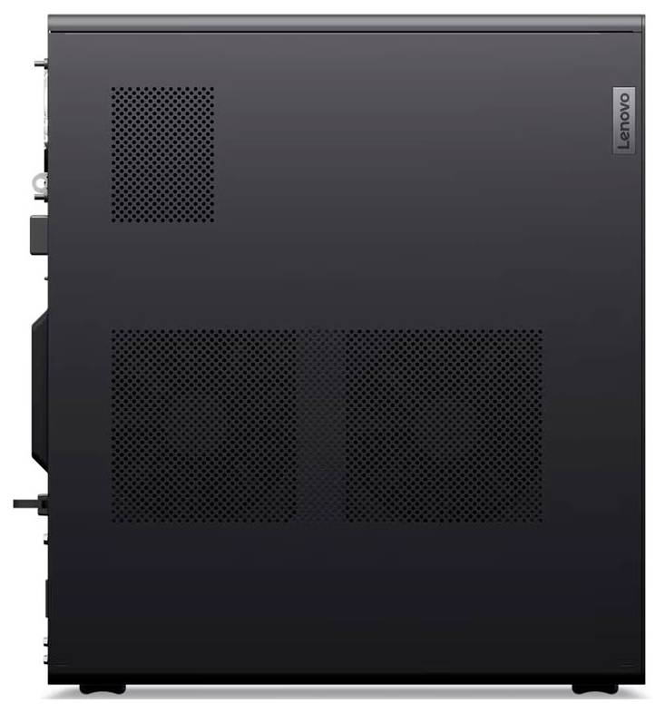 Vue latérale d'une tour d'ordinateur de bureau Lenovo noire avec des grilles de ventilation visibles.