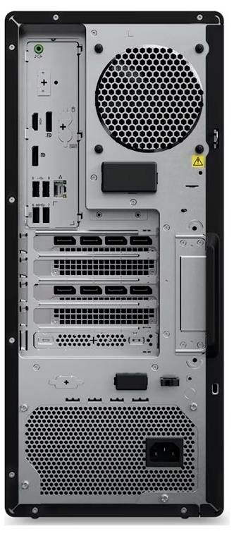 Arrière d'une tour d'ordinateur montrant plusieurs ports, emplacements pour cartes d'expansion, ventilateur de refroidissement et entrée d'alimentation.