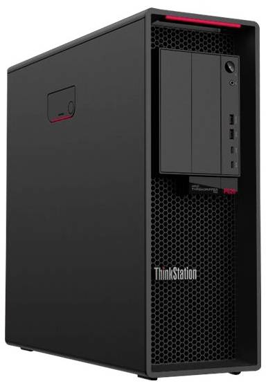 Un ordinateur de bureau tour Lenovo ThinkStation P520 noir, présentant un design épuré avec des accents rouges, montrant son panneau frontal et le logo de la marque.