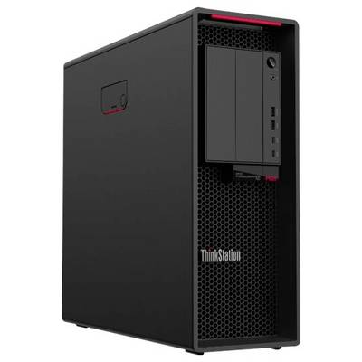 Un ordinateur de bureau tour Lenovo ThinkStation P520 noir, présentant un design épuré avec des accents rouges, montrant son panneau frontal et le logo de la marque.
