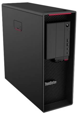 Une tour d'ordinateur de travail noire, étiquetée « ThinkStation », avec une grille de ventilation avant, un bouton d'alimentation et plusieurs ports.
