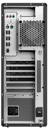 Vue arrière d'une tour d'ordinateur de bureau montrant divers ports et fentes, notamment USB, Ethernet, prises audio, ventilation et alimentation électrique.