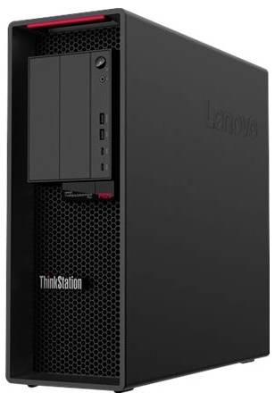 Une tour d'ordinateur Lenovo ThinkStation noire, dotée de plusieurs ports USB frontaux et d'un bouton d'alimentation, conçue pour un usage professionnel.