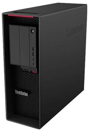 Un ordinateur de bureau Lenovo ThinkStation noir avec un design rectangulaire épuré et des ports orientés vers l'avant, adapté à un usage professionnel.
