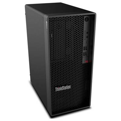 Une tour Lenovo ThinkStation P620 noire avec un panneau avant en nid d'abeille, équipée de plusieurs ports USB et d'un bouton d'alimentation sur le côté droit.