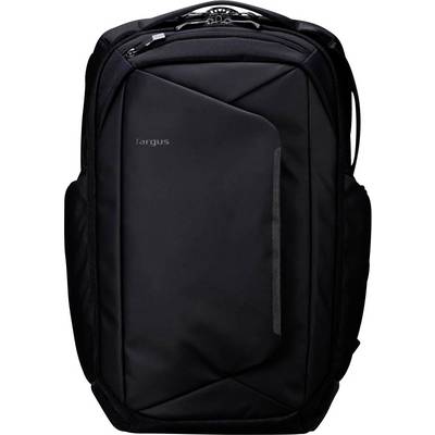 Un sac à dos noir élégant au design moderne, doté de plusieurs compartiments et d'un logo discret sur le devant.