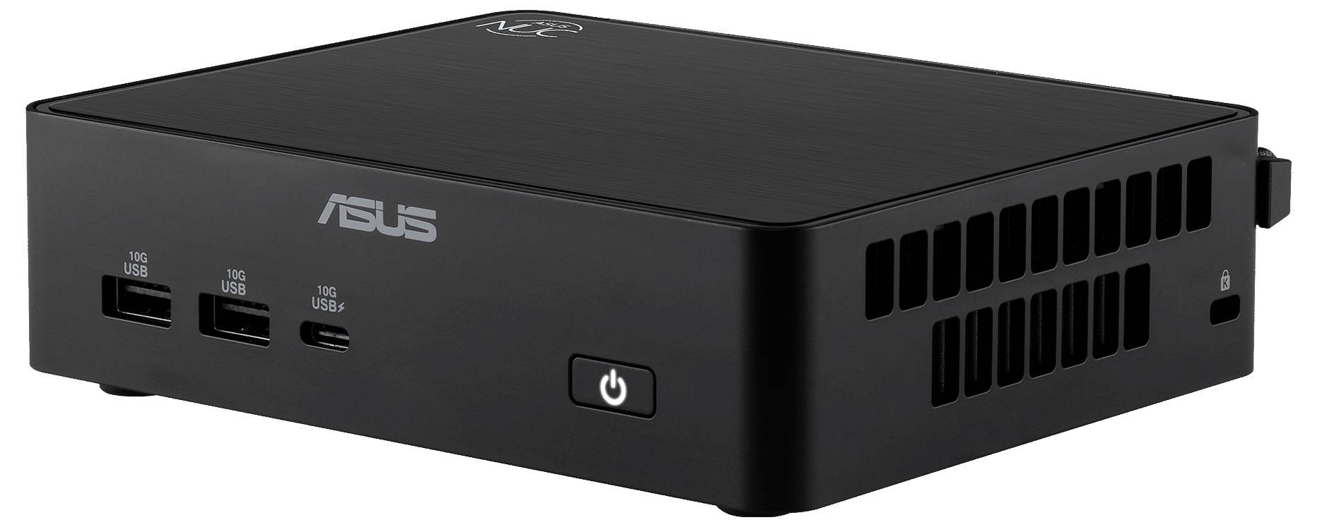 Mini PC ASUS noir compact avec plusieurs ports USB à l'avant et un bouton d'alimentation, conçu pour des solutions informatiques efficaces et économes en espace.