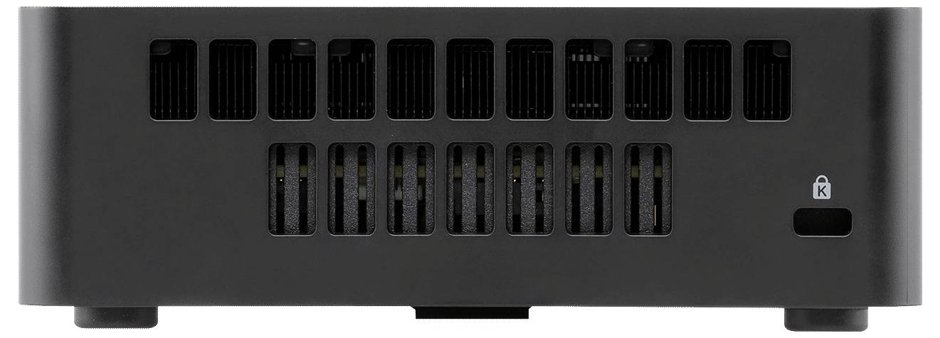 Un appareil électronique noir présentant une rangée de fentes de ventilation verticales sur le dessus et une autre rangée en dessous avec une petite icône de cadenas sur la droite.