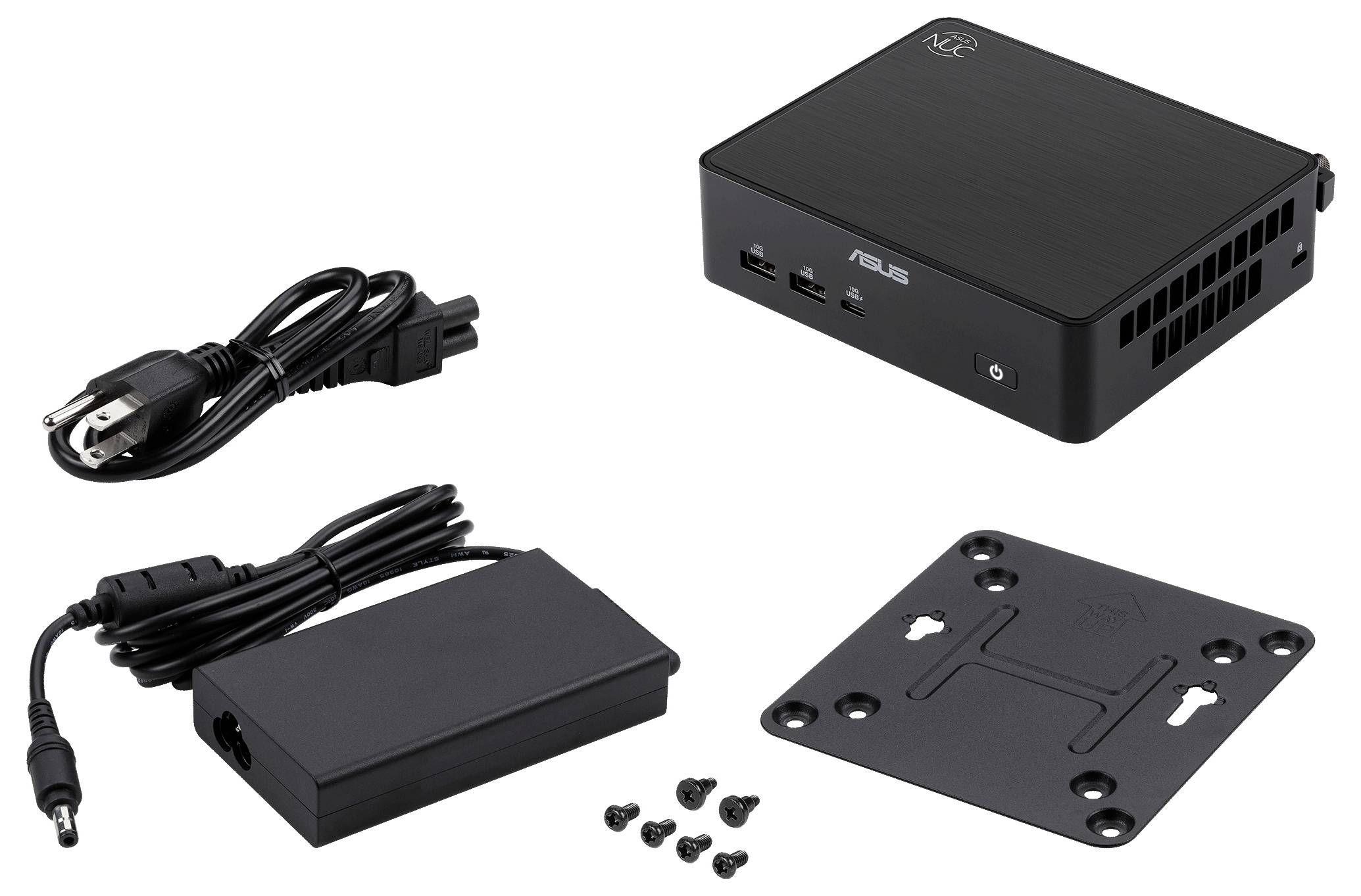 Un appareil noir compact avec le logo « ASUS », doté de plusieurs ports USB, de prises audio et d'une antenne, probablement un mini PC ou un concentrateur multimédia.