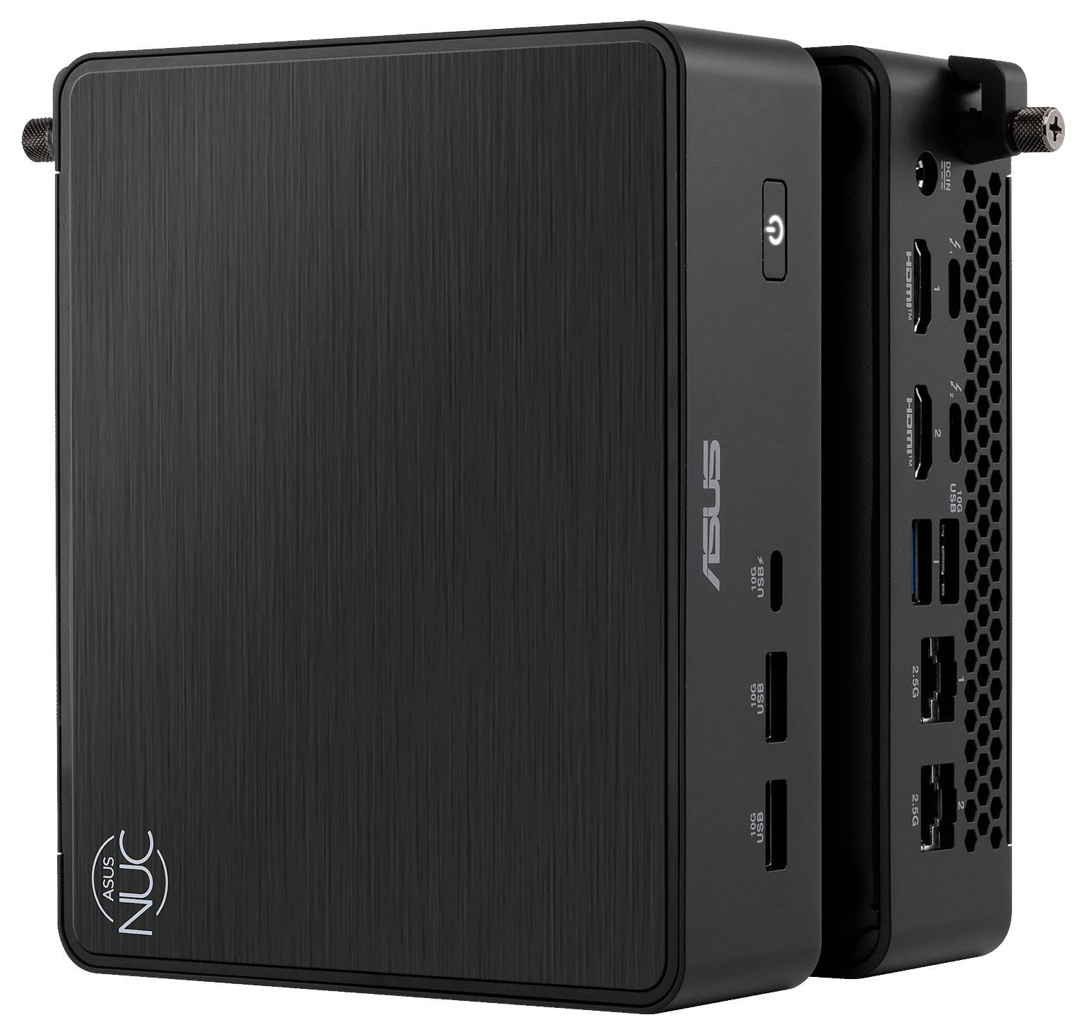 Un ordinateur mini PC Asus NUC compact et noir montrant les vues avant et latérale. L'avant comporte un bouton d'alimentation et des ports USB, tandis que le côté affiche des ports supplémentaires, y compris HDMI et USB.