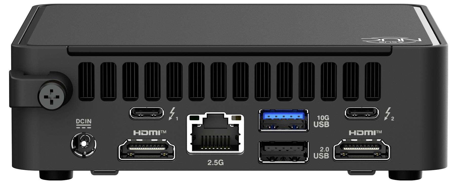 Deux mini PC compacts noirs affichant différents ports sur les côtés, notamment USB, HDMI et Ethernet, avec le logo de la marque visible.