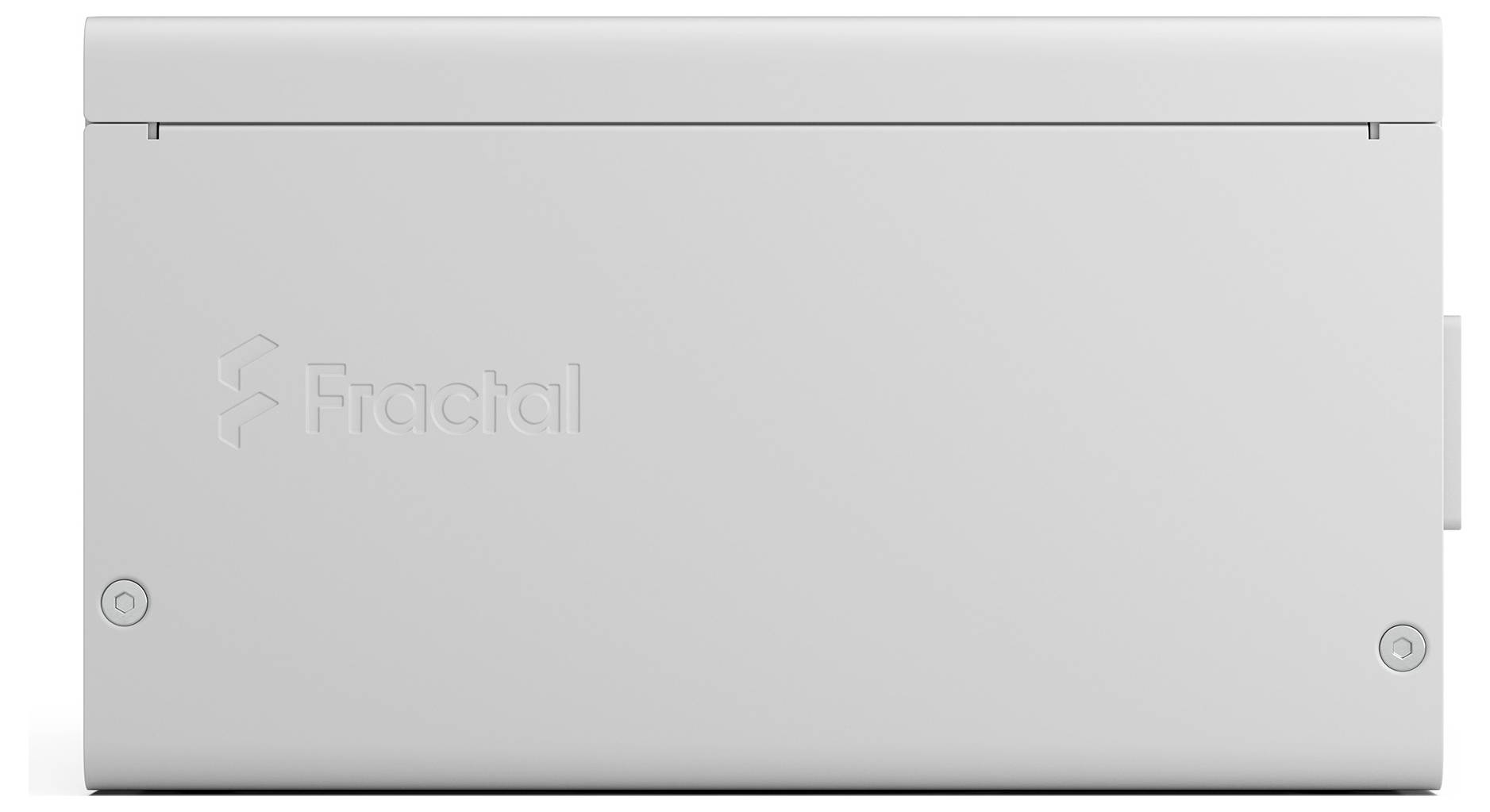 Vue latérale d'un boîtier informatique blanc minimaliste avec le logo de marque Fractal.