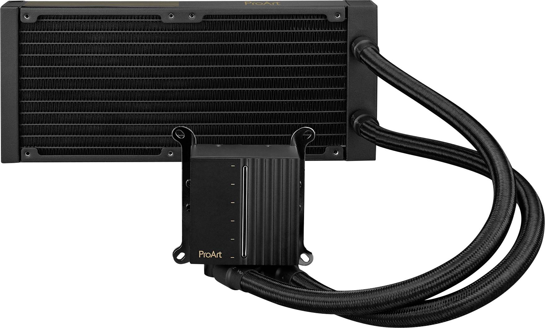 Un radiateur de refroidissement informatique noir avec des tubes attachés et un composant de marque « ProArt », utilisé pour dissiper la chaleur dans les ordinateurs personnels.
