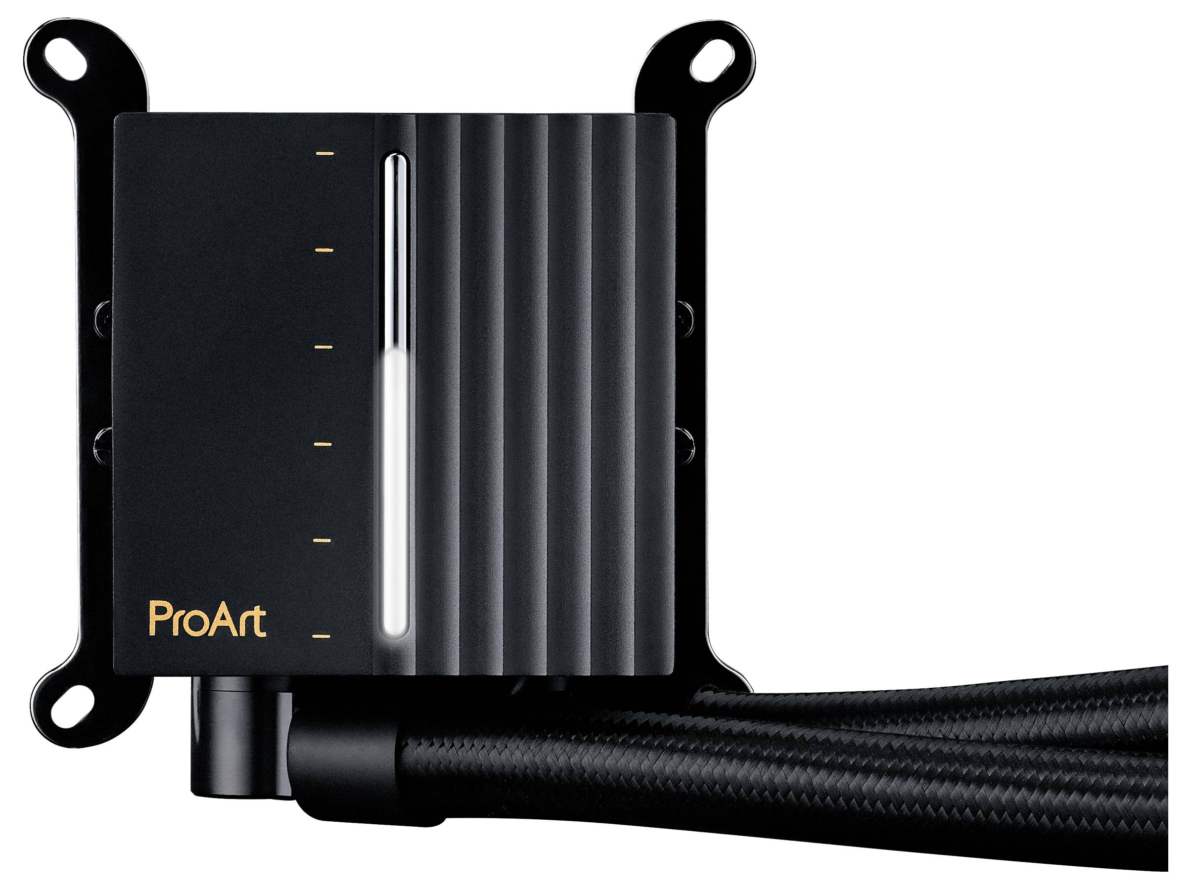 Composant noir portant le label « ProArt » avec surface nervurée, voyant lumineux et câbles attachés, probablement une partie d'un système de refroidissement ou d'une unité matérielle.