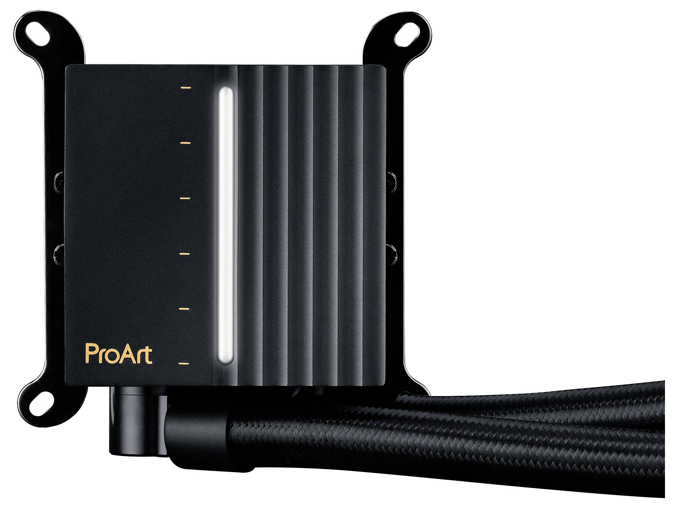 Un composant de refroidissement noir portant la marque « ProArt », présentant un design nervuré et deux tuyaux flexibles noirs attachés.