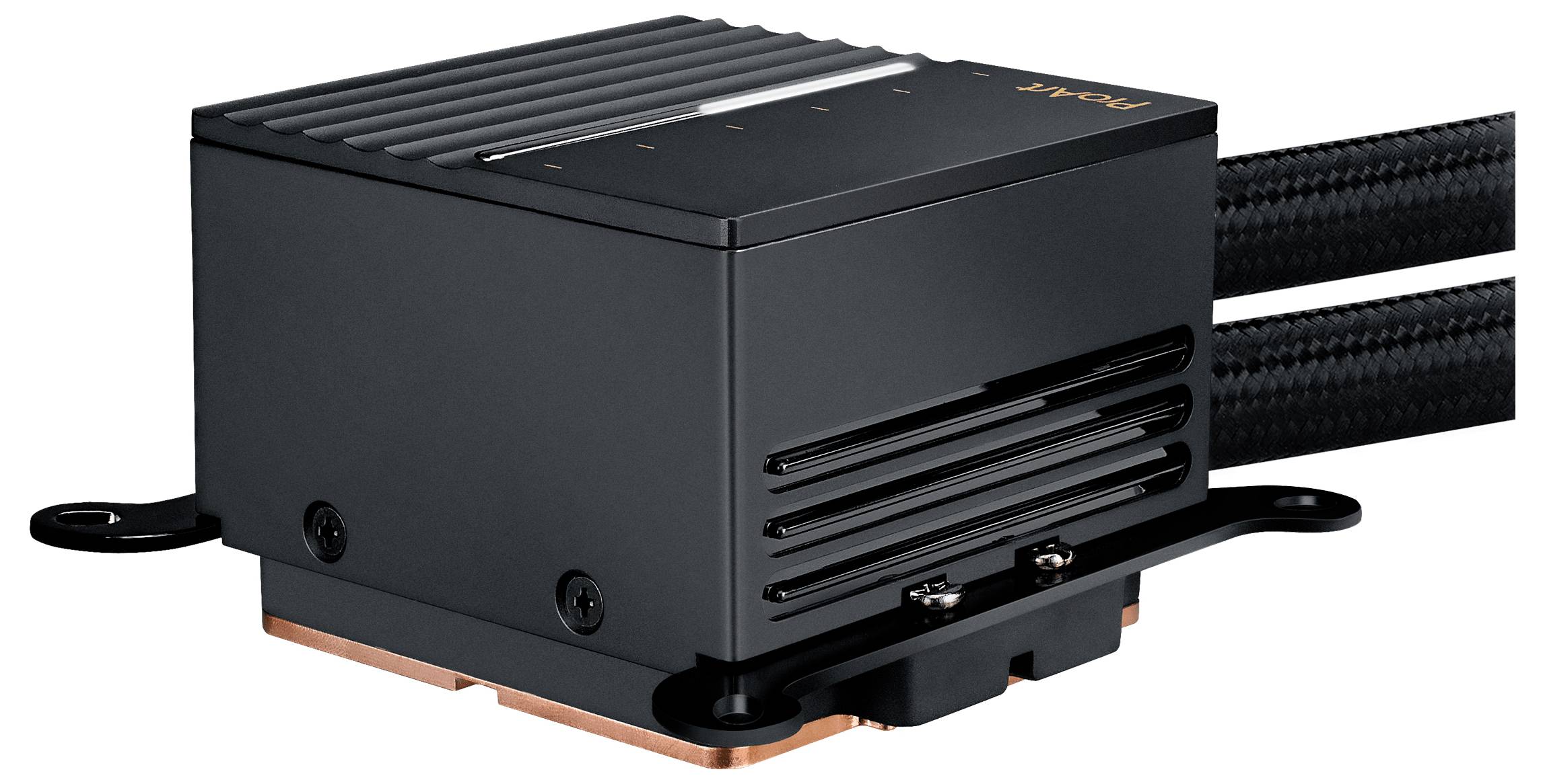 Un refroidisseur de CPU liquide noir pour ordinateur avec des rainures horizontales, une base en cuivre et deux tuyaux tressés s'étendant sur le côté.