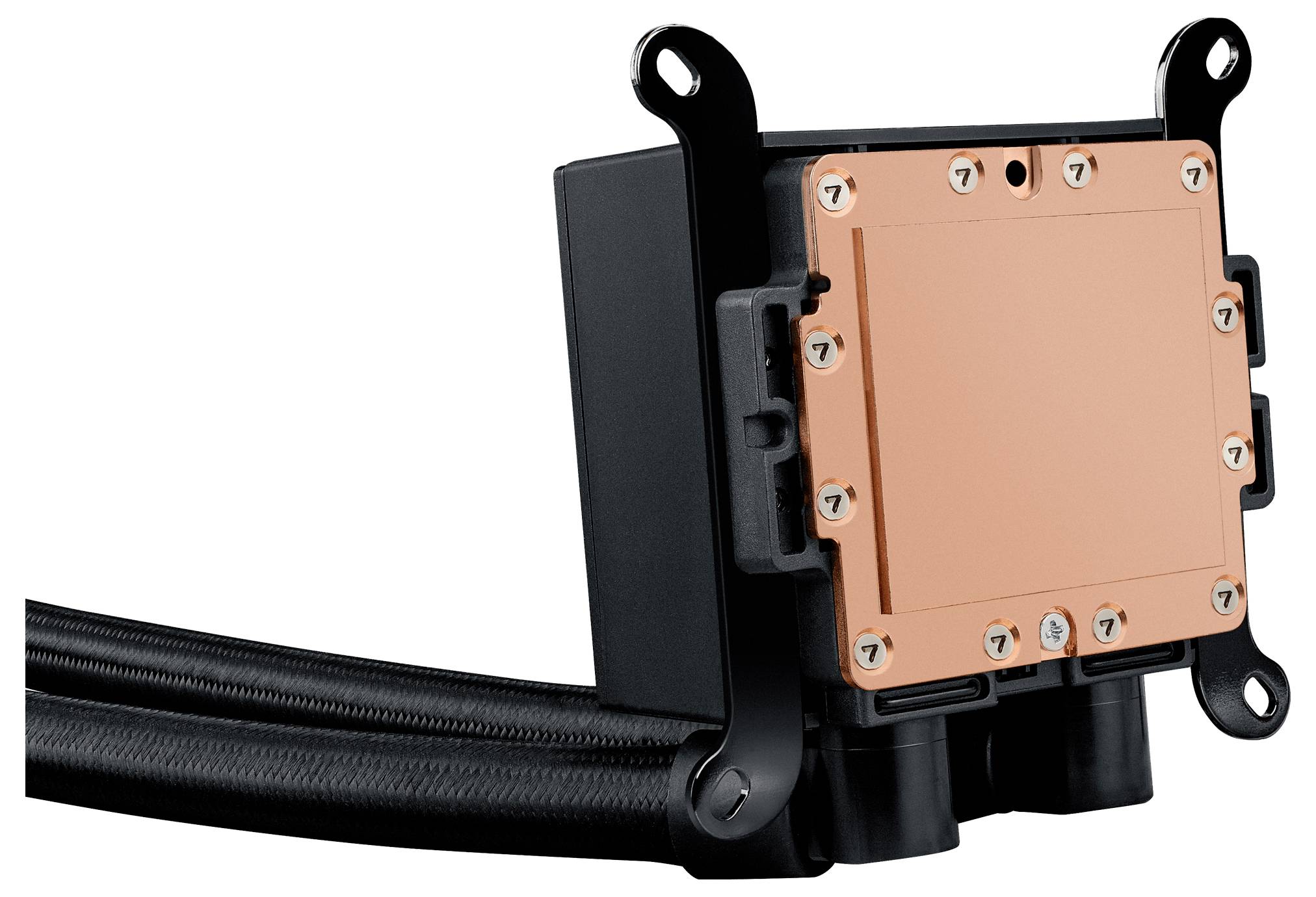 Un bloc de refroidissement liquide informatique avec base en cuivre visible et tuyauterie noire, utilisé pour dissiper la chaleur des composants CPU ou GPU.