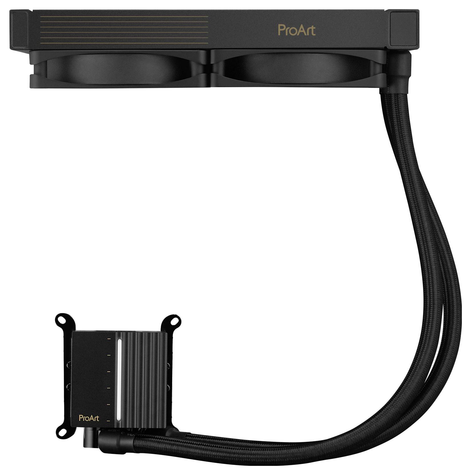 Refroidisseur liquide à double ventilateur de marque « ProArt » connecté à une unité de dissipateur thermique avec des tubes noirs, conçu pour un refroidissement efficace de l'ordinateur.