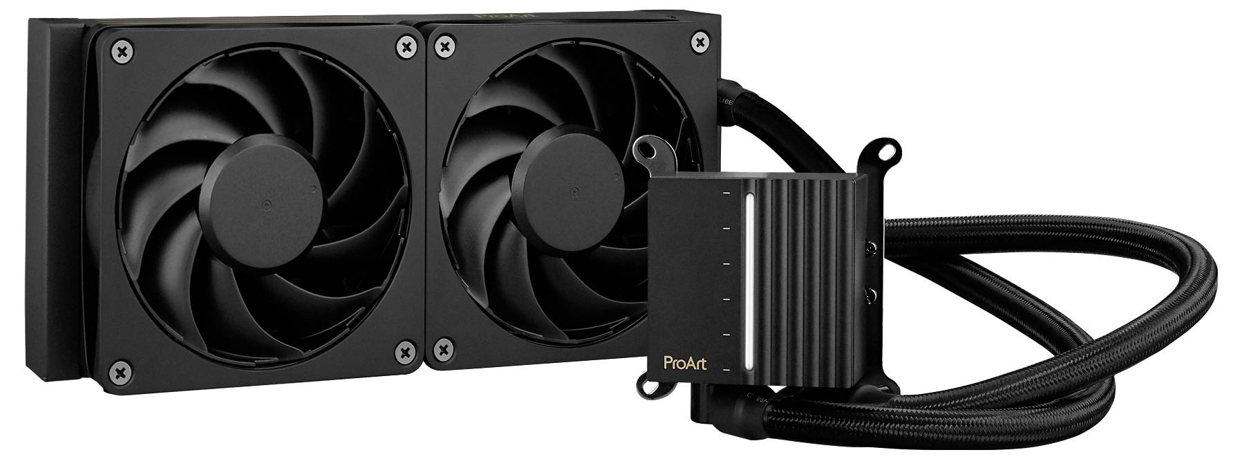 Refroidisseur de processeur à liquide avec deux ventilateurs noirs, radiateur intégré et tubes, conçu pour une gestion thermique efficace dans les systèmes informatiques.