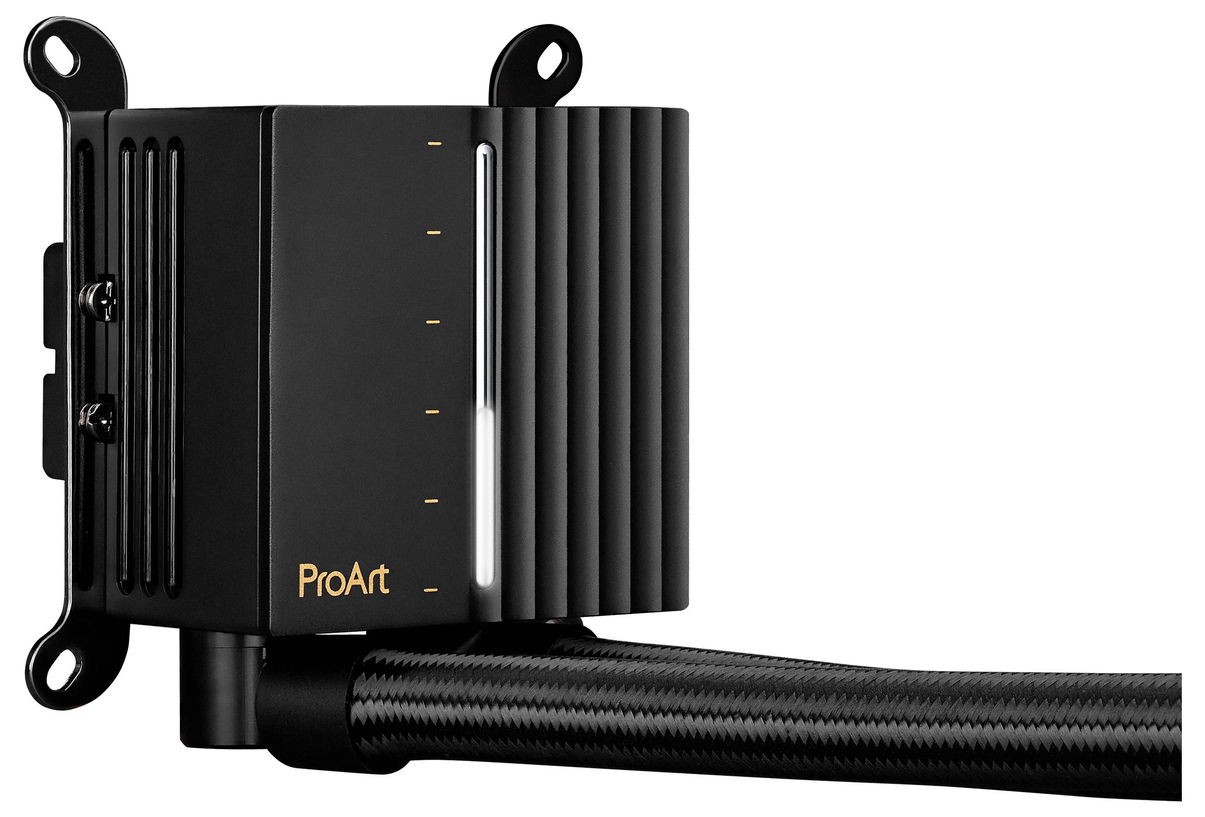 Un radiateur noir avec un design à nervures, des supports de montage et deux tuyaux tressés. Le mot « ProArt » est imprimé en or sur le côté.