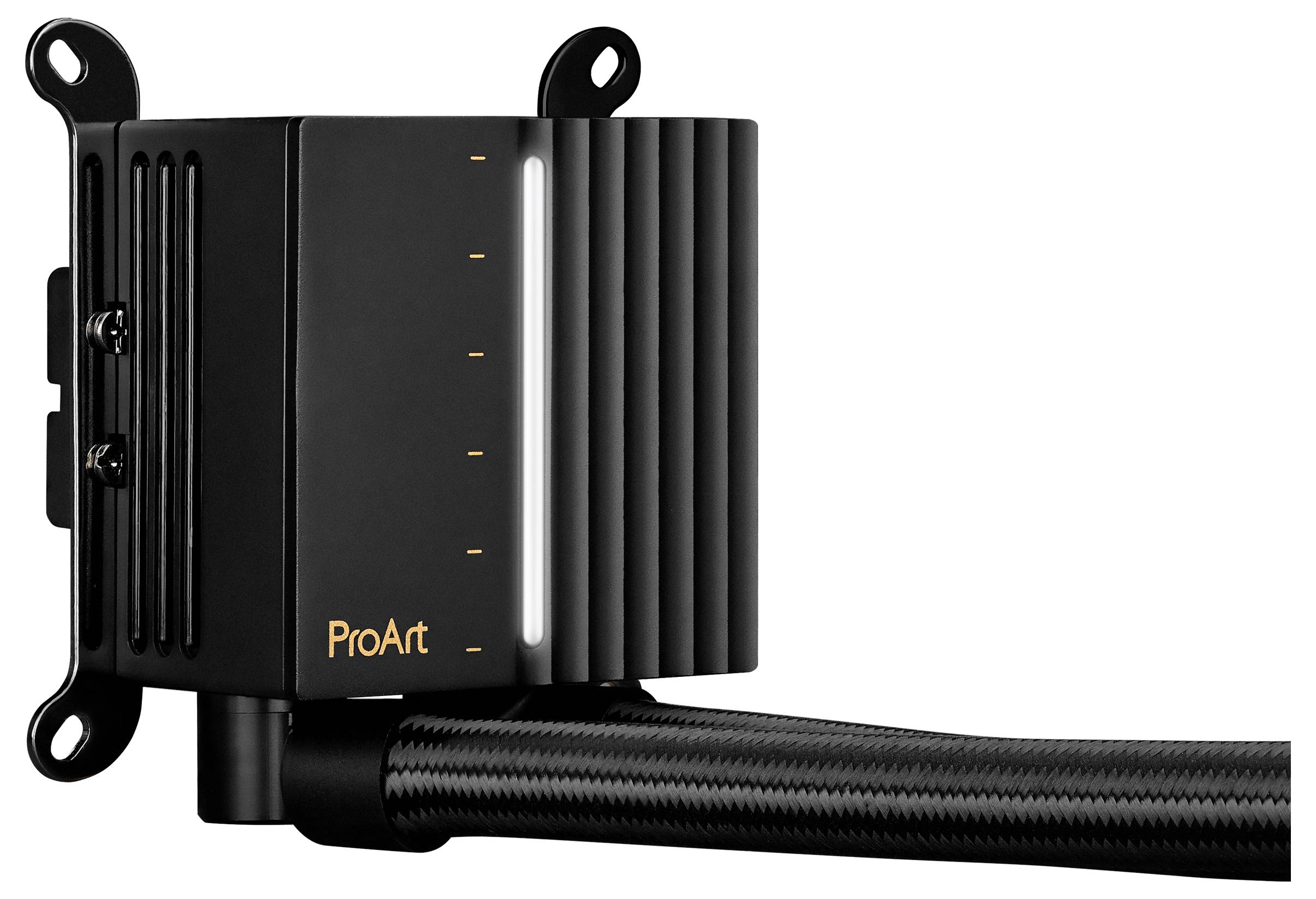 'Un composant informatique de marque ProArt de couleur noire avec un design nervuré et un câble attaché, probablement une unité de refroidissement, vu de côté.'