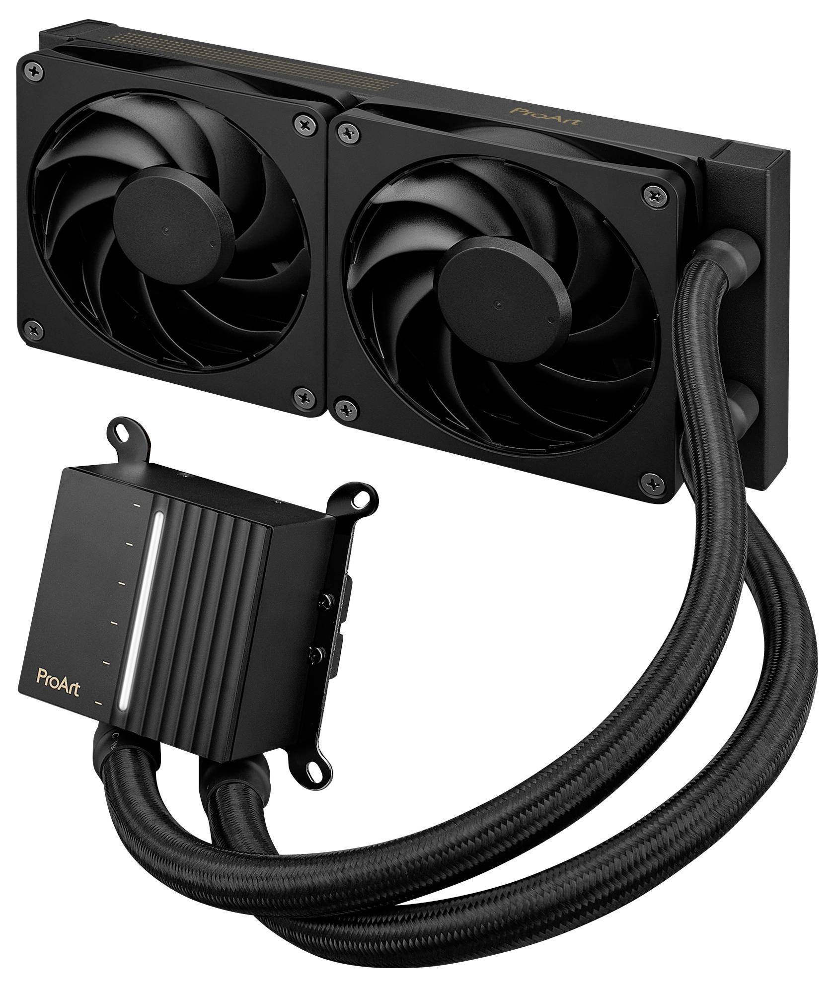Un système de refroidissement informatique avec deux ventilateurs noirs montés sur un radiateur, reliés par des tubes tressés à un bloc étiqueté « ProArt ».
