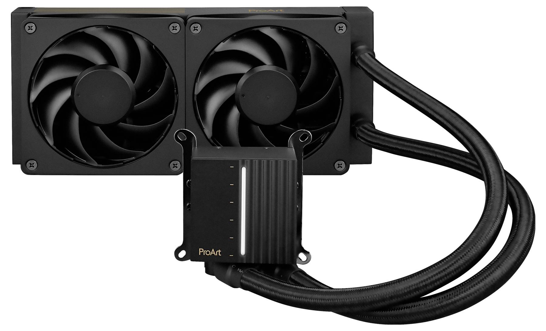 Refroidisseur liquide à double ventilateur avec radiateur noir et pompe étiquetée « ProArt », doté de tuyaux tressés pour améliorer les performances de refroidissement du PC.