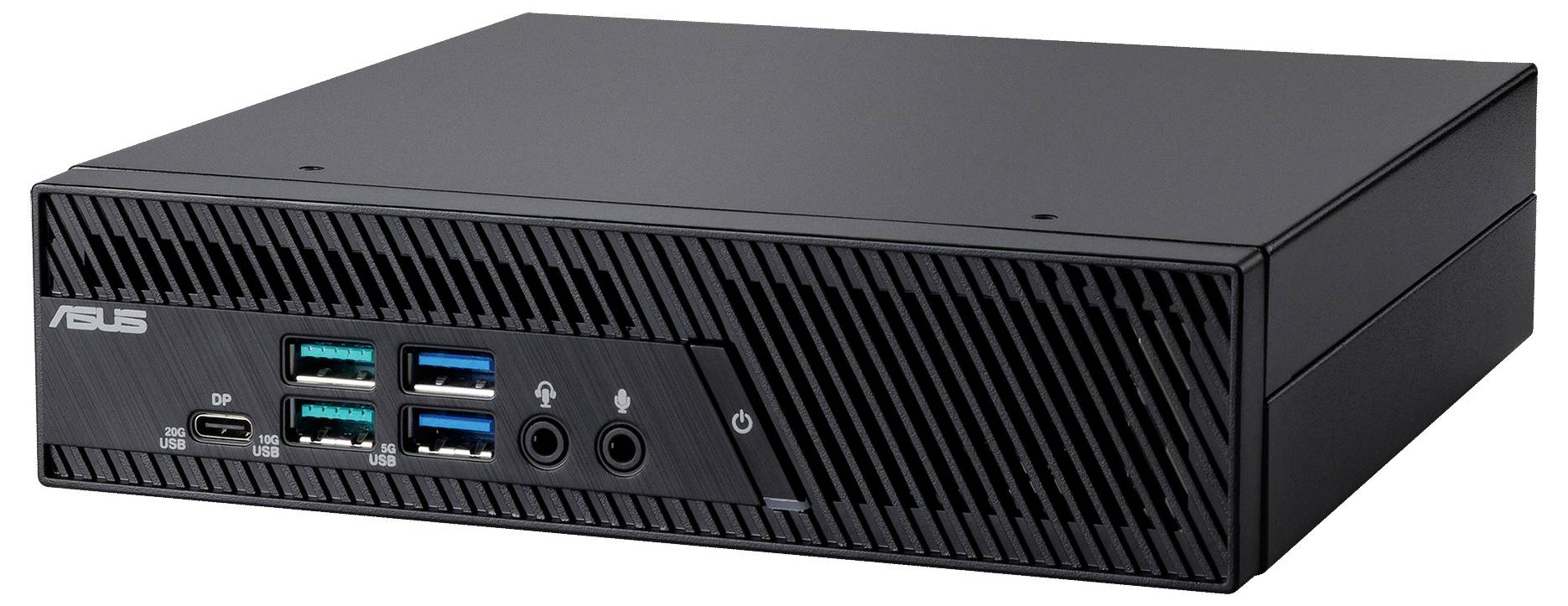 Un ordinateur noir compact avec plusieurs ports USB et un logo ASUS sur le panneau avant, conçu pour une utilisation polyvalente dans les petits espaces.
