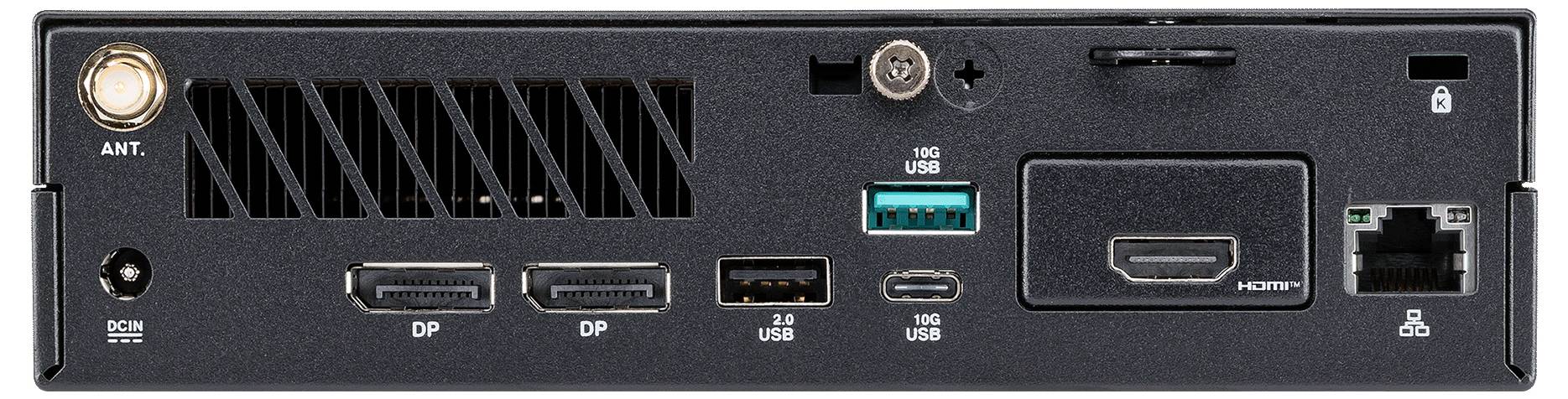 Le panneau arrière affiche un appareil électronique noir avec différents ports, notamment HDMI, DisplayPort, USB, Ethernet et un connecteur d'antenne.