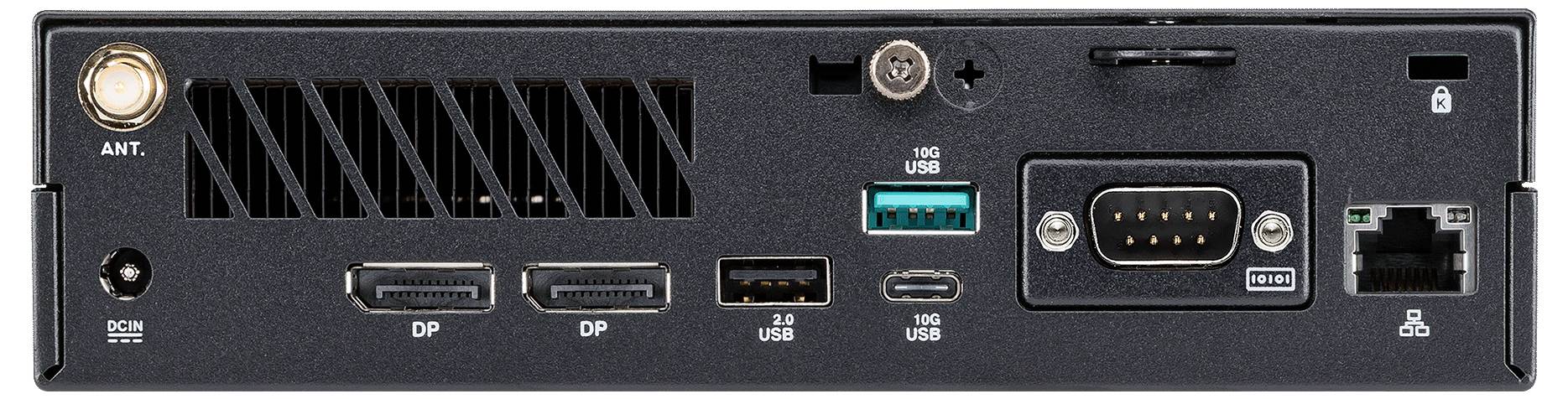 Une tour d'ordinateur noire et élancée montrant plusieurs ports : HDMI, USB, Ethernet, VGA et des prises audio, illustrant les options de connectivité.