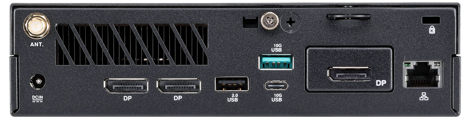 Panneau arrière d'un ordinateur avec plusieurs ports : antenne, deux DisplayPorts, ports USB, HDMI, Ethernet et connecteur d'alimentation.