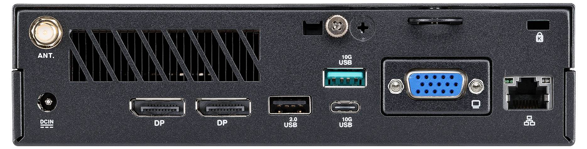 Un boîtier de jeu compact et noir au design élégant, doté de ports USB, de grilles de ventilation et d'un logo sur le côté. Il est posé verticalement sur une base.