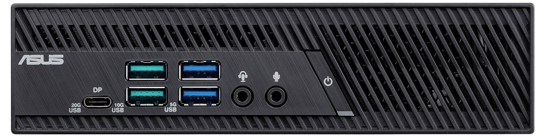 Un panneau avant compact de mini PC ASUS noir avec plusieurs ports USB, des prises audio, un bouton d'alimentation et le logo ASUS sur le côté gauche.