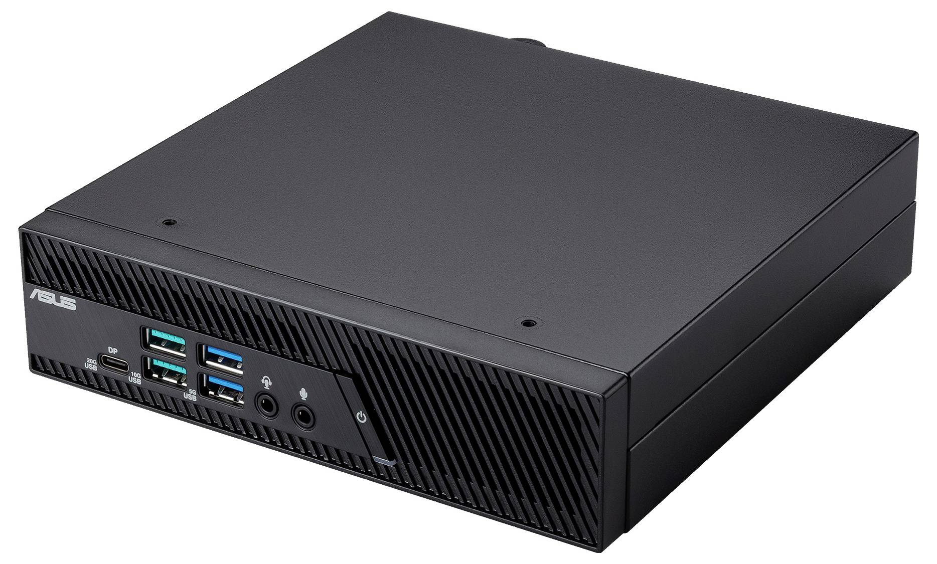 Un mini PC ASUS noir avec plusieurs ports USB et des prises audio à l'avant, conçu pour l'informatique compacte.