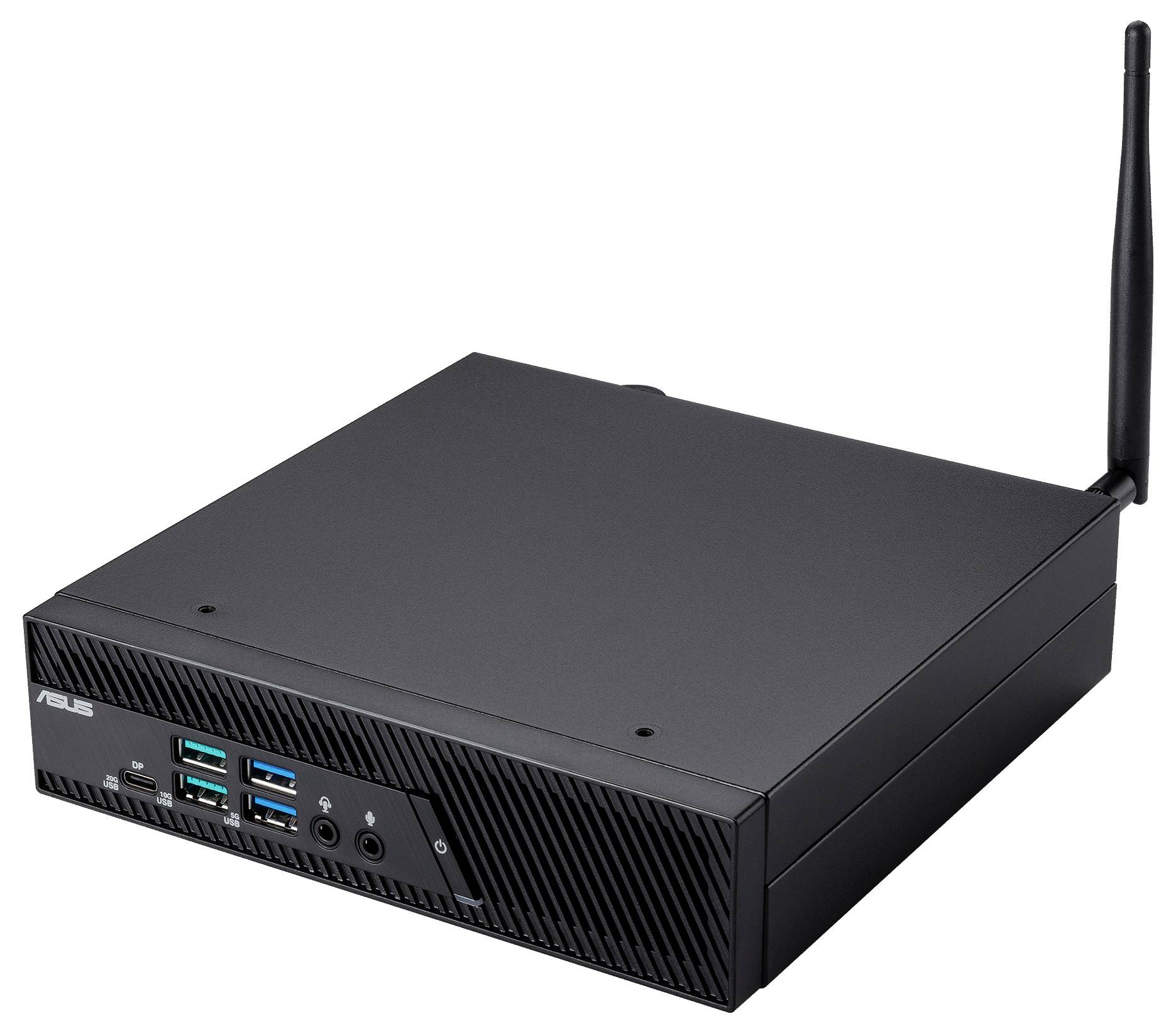 Une unité informatique compacte sans fil de couleur noire avec plusieurs ports USB sur le panneau avant et une antenne pour la connectivité.
