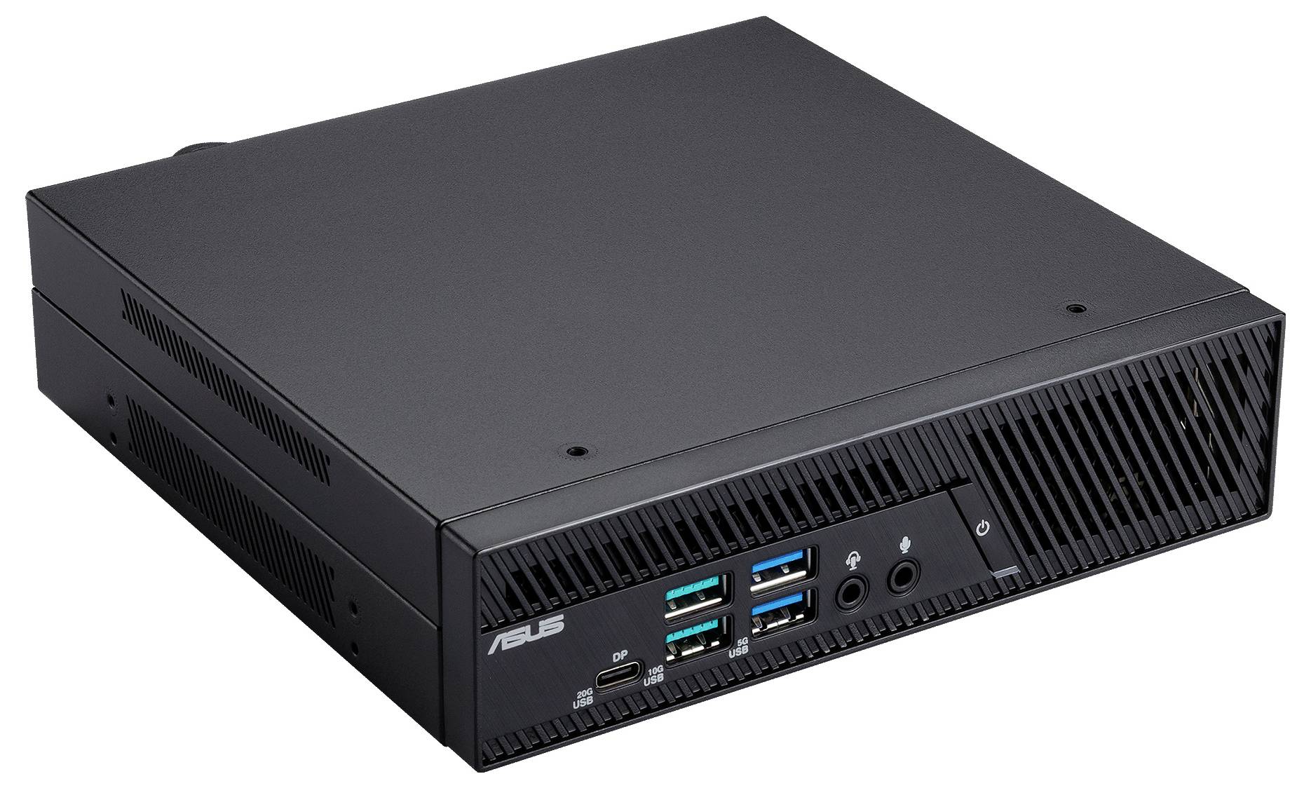 Une unité d'ordinateur noir compact avec plusieurs ports USB, des prises audio et un bouton d'alimentation sur le devant. Elle affiche le logo « ASUS ».
