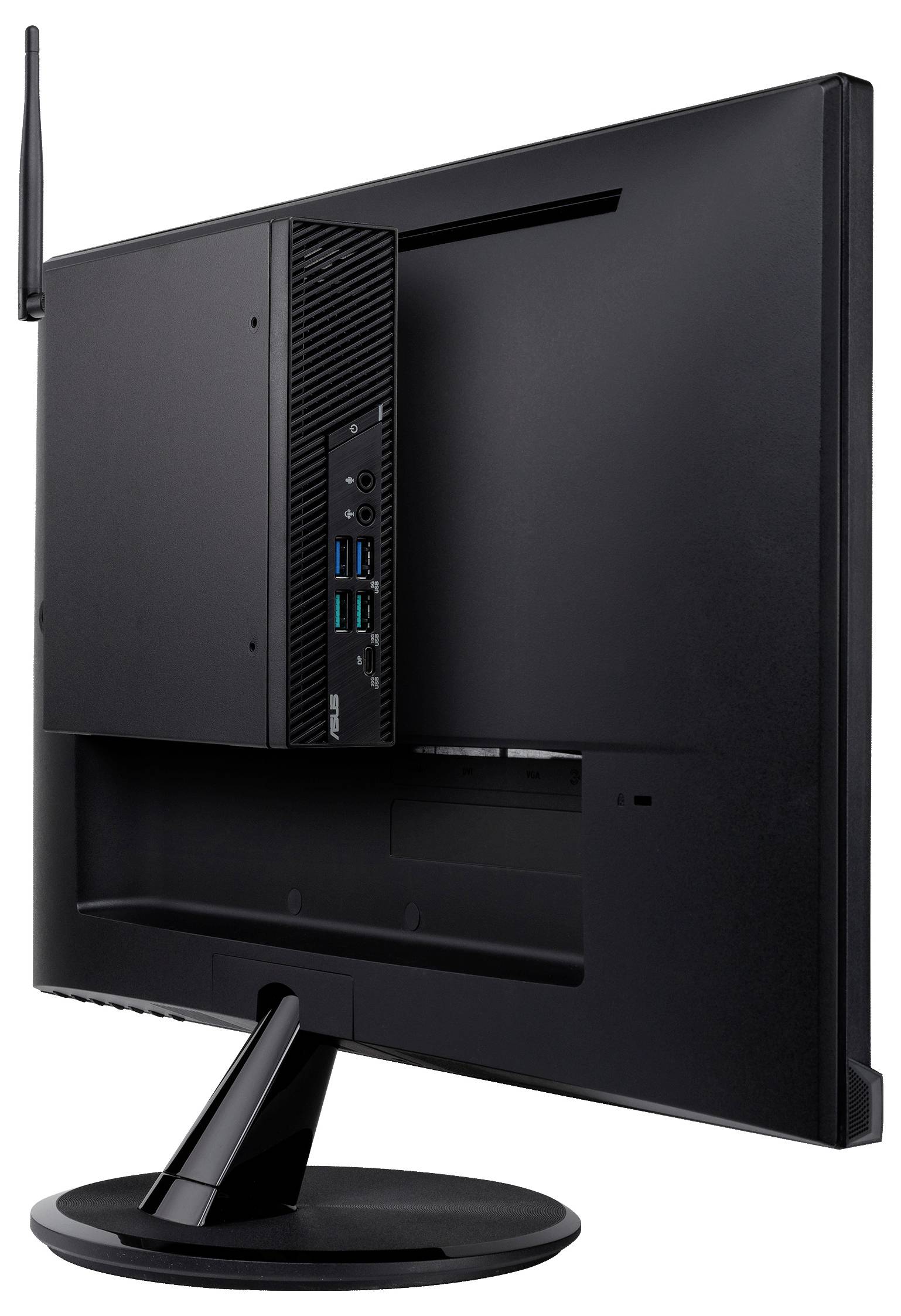 Un moniteur d'ordinateur noir au profil fin, vu de l'arrière, montrant les ports et une antenne pour la connectivité sans fil.