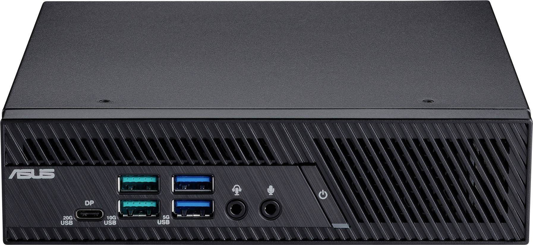 Petit ordinateur de bureau rectangulaire noir avec plusieurs ports USB, prise casque, bouton d'alimentation et panneau avant de marque.