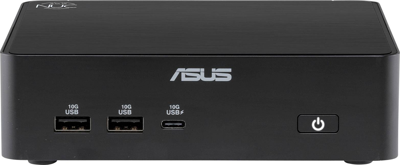 Un petit PC ASUS noir avec deux ports USB, un port USB-C étiqueté « USB 10G », et un bouton d'alimentation sur le panneau avant.
