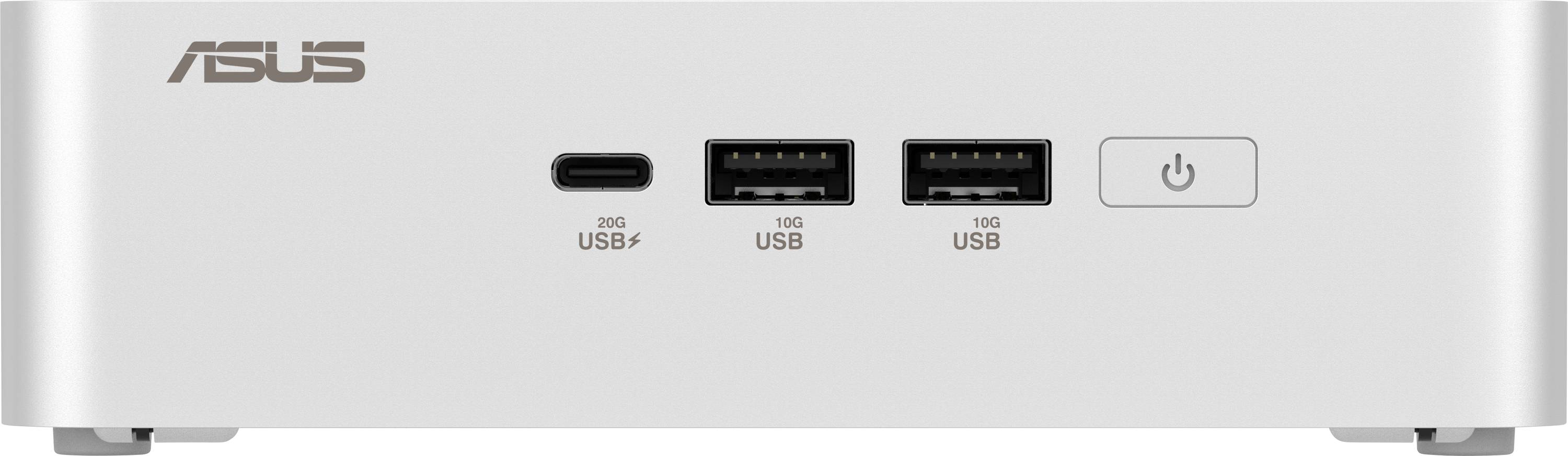 Vue de face d'un ordinateur gris argenté avec un logo « ASUS », équipé d'un port USB-C, de deux ports USB-A et d'un bouton d'alimentation.
