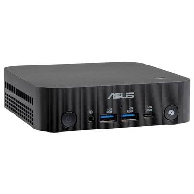 Petit ordinateur ASUS noir et compact avec bouton d'alimentation, prise audio, trois ports USB et serrure Kensington sur la façade avant.