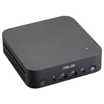 Mini PC ASUS noir compact avec bouton d'alimentation frontal, prise audio, deux ports USB et un port d'affichage