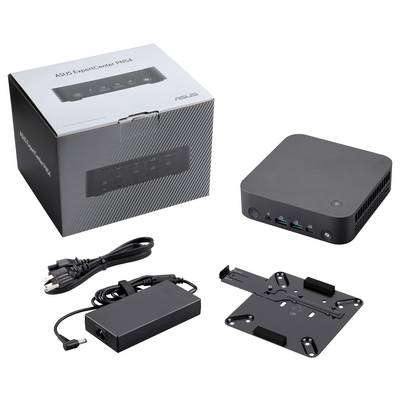 Mini-PC ASUS ExpertCenter PN4 présenté avec sa boîte de vente au détail, adaptateur secteur et câble, ainsi que support de montage VESA.
