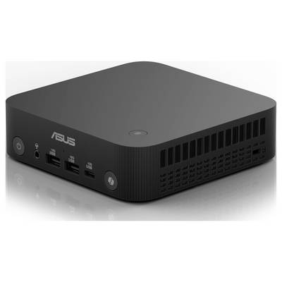 Mini PC ASUS compact avec bouton d'alimentation, prise audio, ports USB et grilles de ventilation sur l'avant et les côtés.